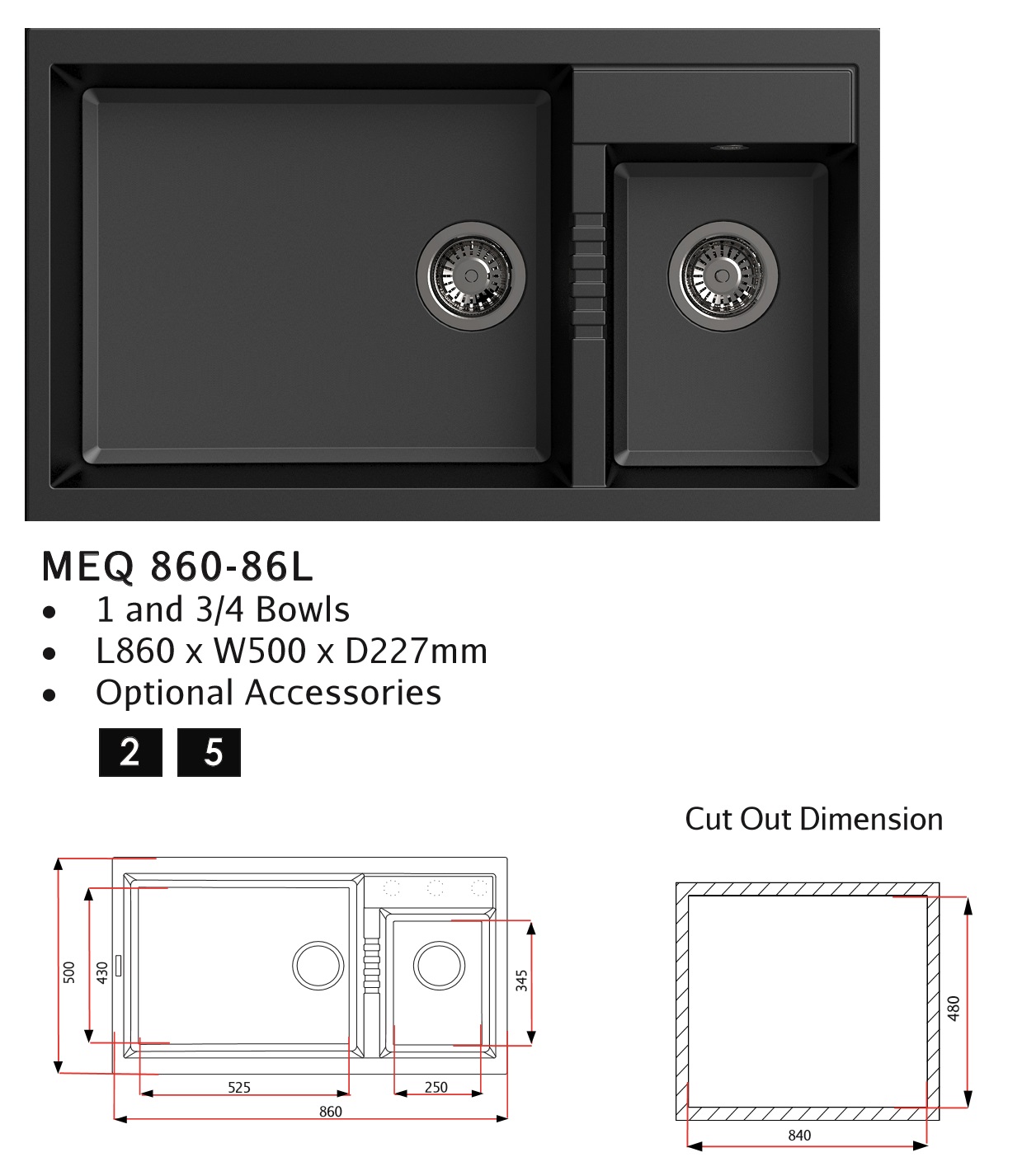 RUBINE Granite Kitchen Sink MEQ860-86L