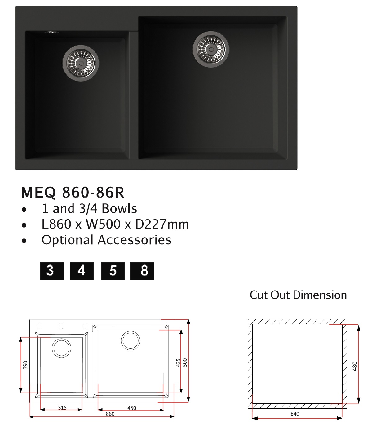RUBINE Granite Kitchen Sink MEQ860-86R