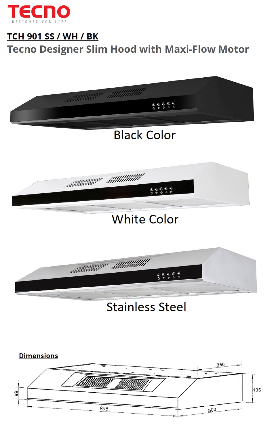 TECNO Cooker Hood TCH-901 Black/White/Stainless Steel