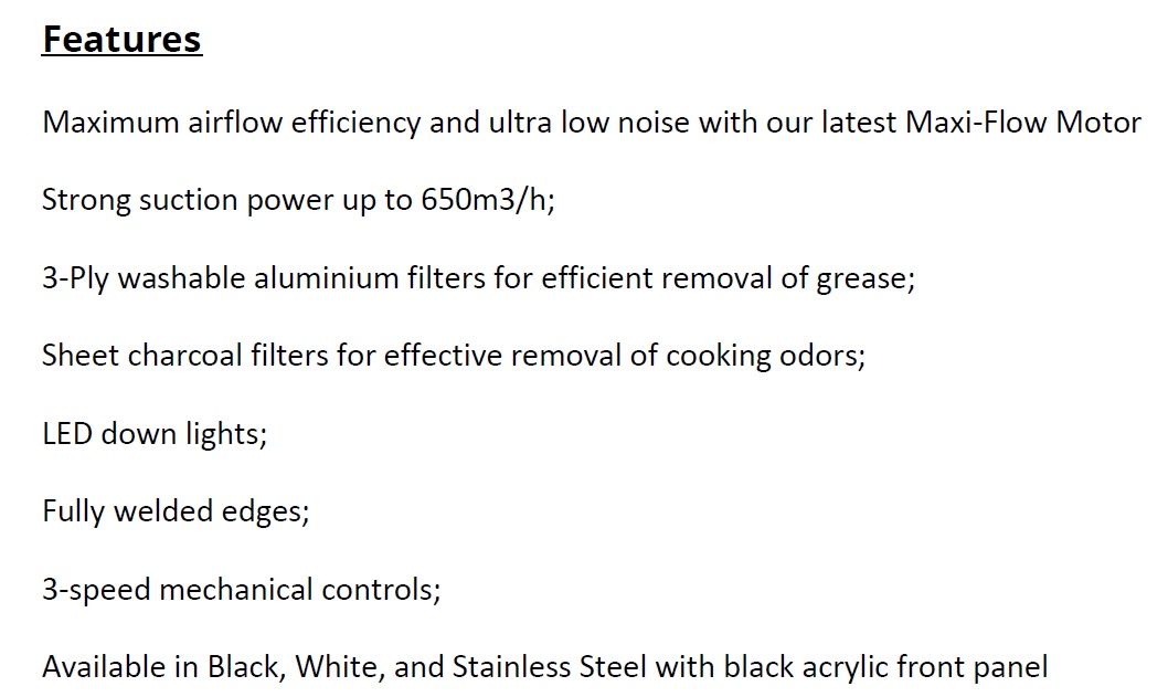TECNO Cooker Hood TCH-901 Black/White/Stainless Steel