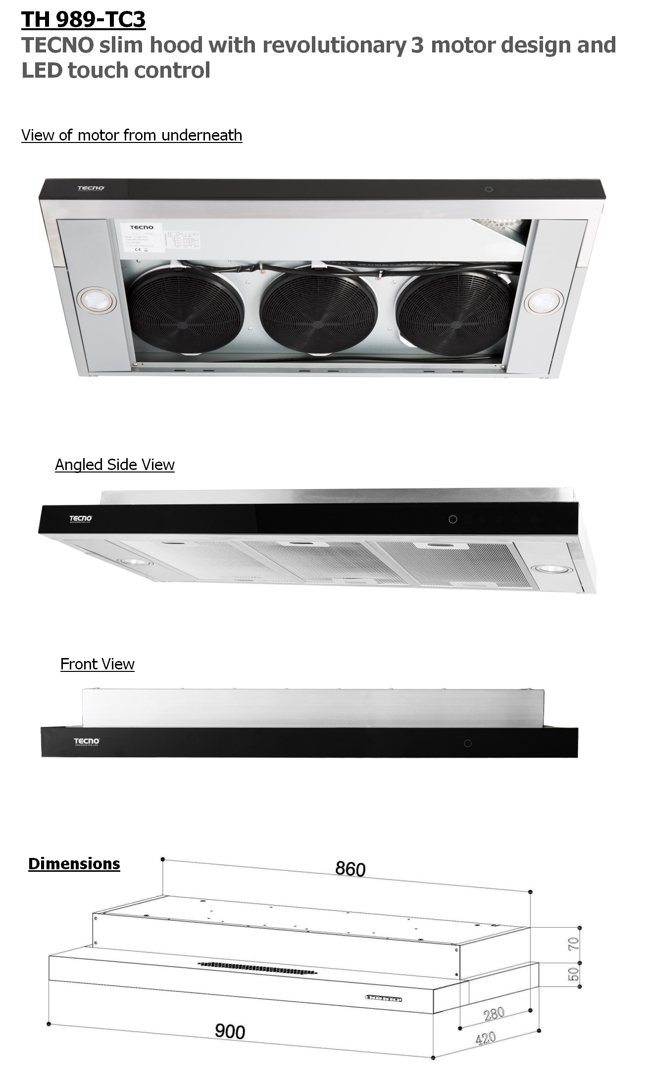 TECNO Slim Cooker Hood With 3 Motors TH989-TC3