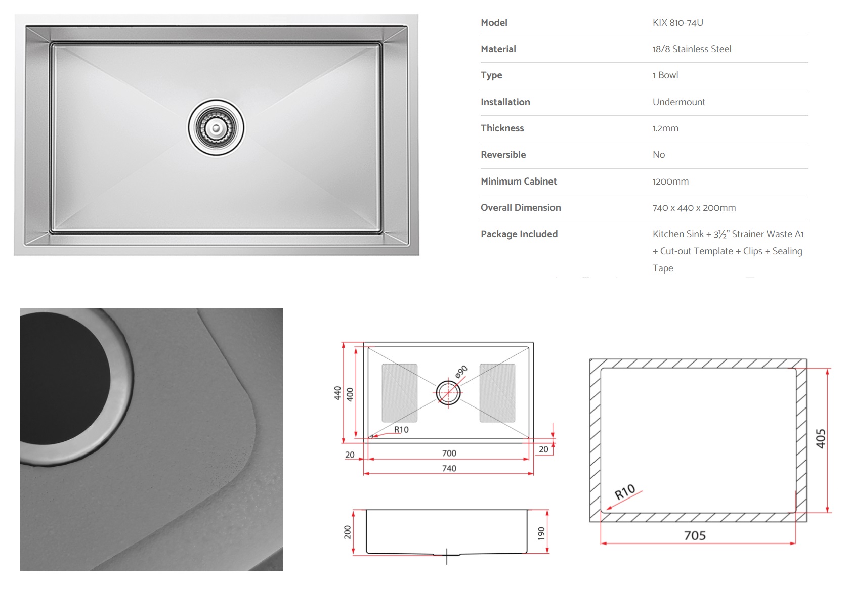 RUBINE Stainless Steel Undermount Kitchen Sink KIX-810-74U