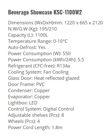 KADEKA Upright 2 Doors Bevearge Showcase Chiller KSC-1100W2