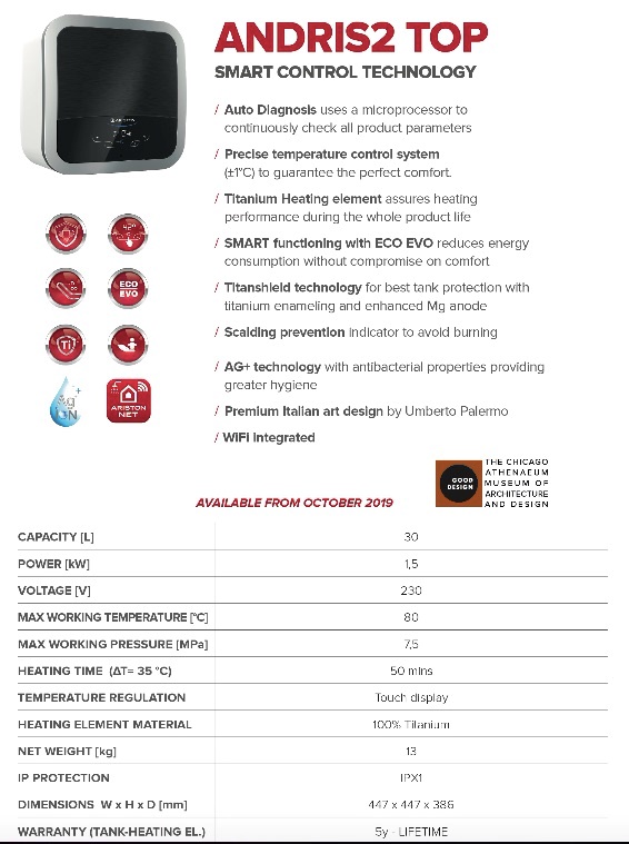 ARISTON Andris2 TOP Storage Water Heater - 30 Litres