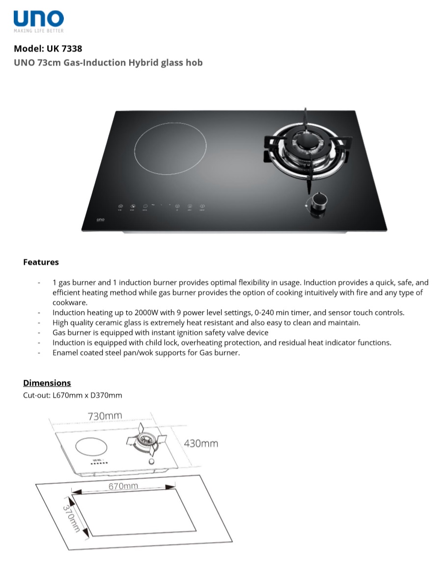 UNO 2 in 1 Gas & Induction Hybrid Glass Hob - UK 7338