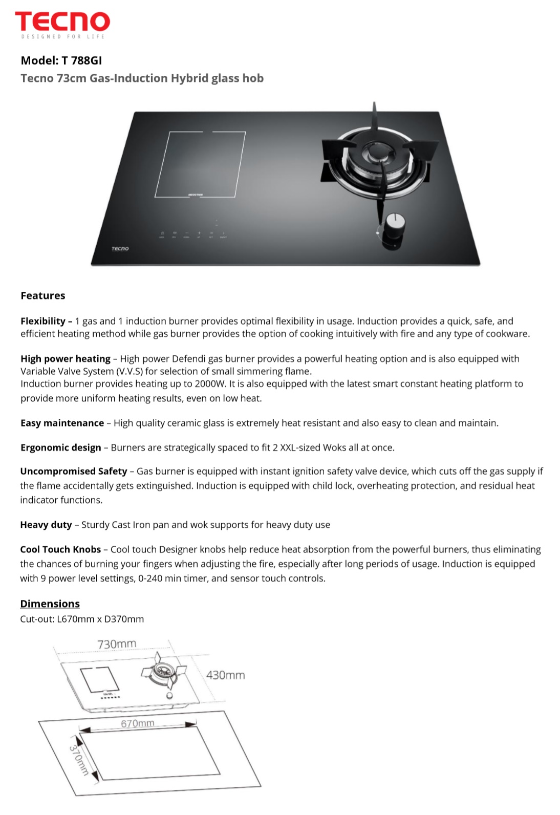 TECNO 2 in 1 Gas & Induction Hybrid Glass Hob - T-788GI