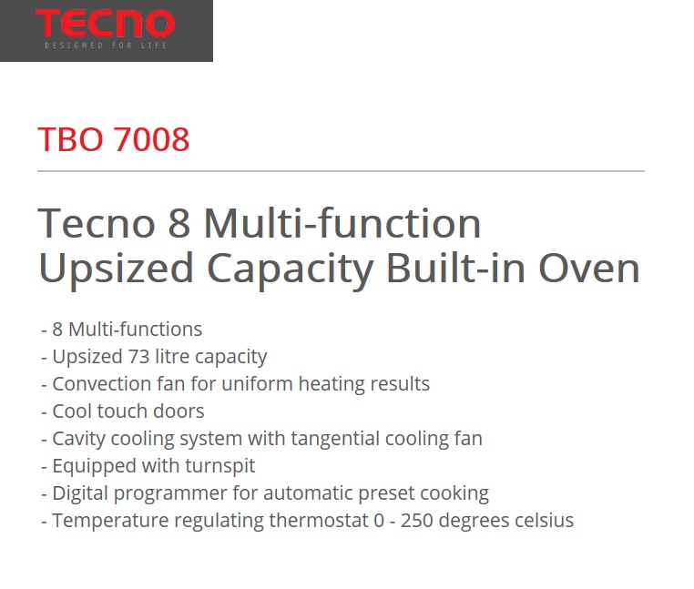 TECNO Built-In Oven Promotion - TBO 7008 Black Color