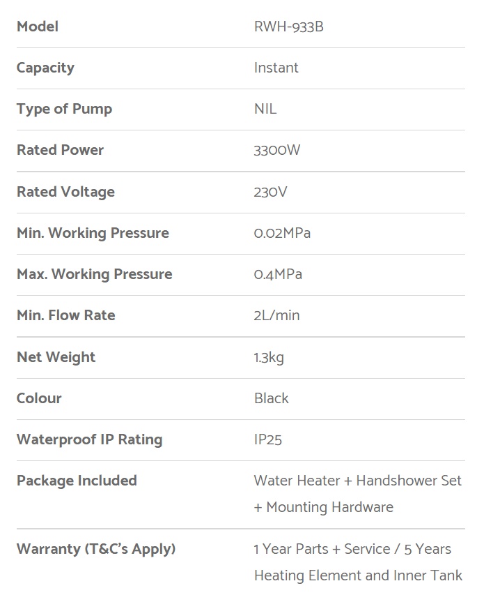 RUBINE Instant Water Heater - RWH-933 Black & White Color