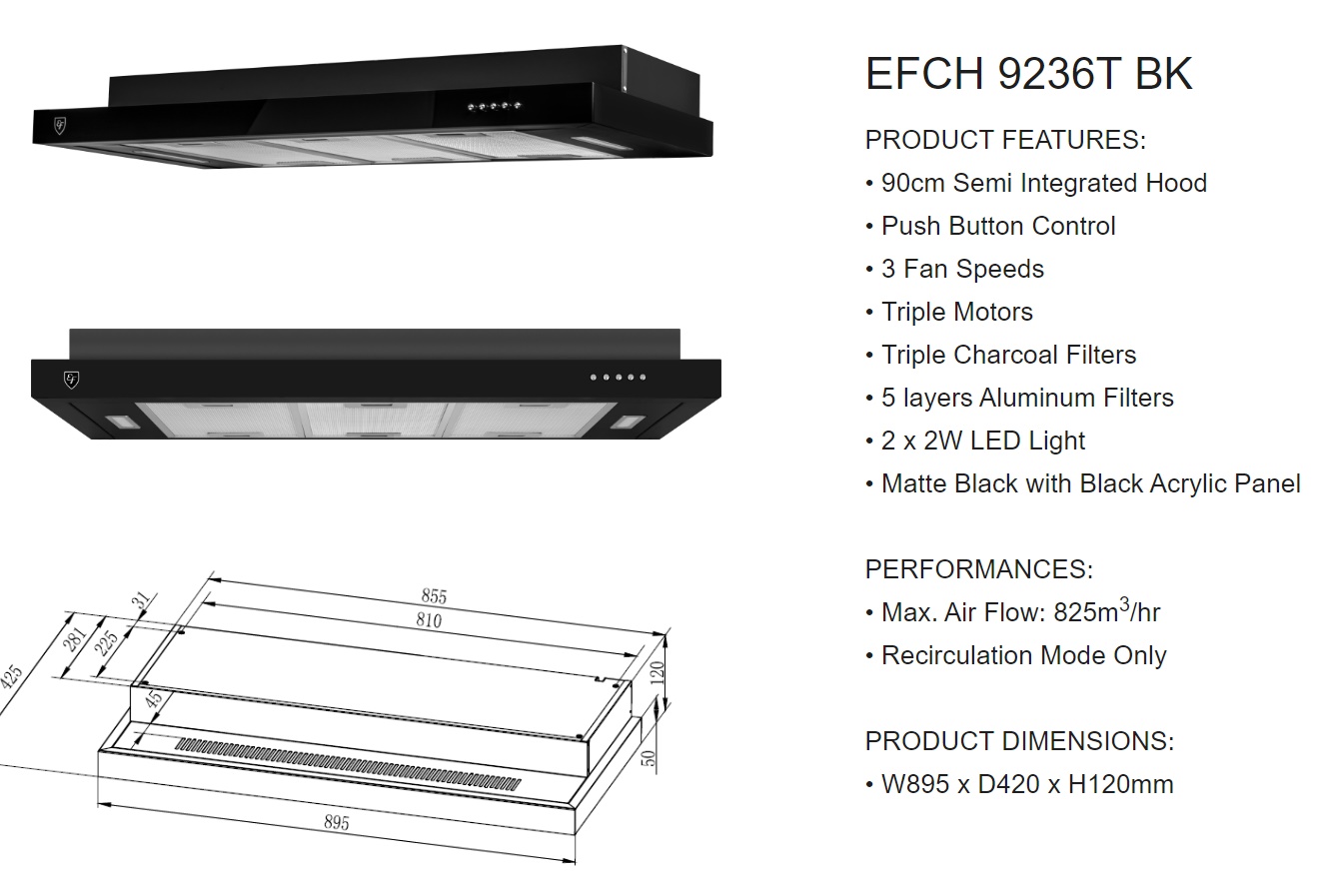 EF Cooker Hood EFCH 9236T BK - Black Color