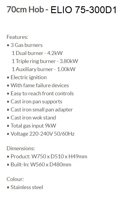 ELBA Cooker Hob ELIO 75-300D1 - Made In Italy