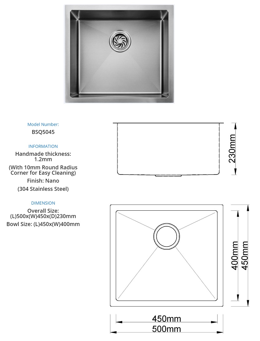 BOSHSINI 304 Stainless Steel Nano Kitchen Sink BSQ-5045