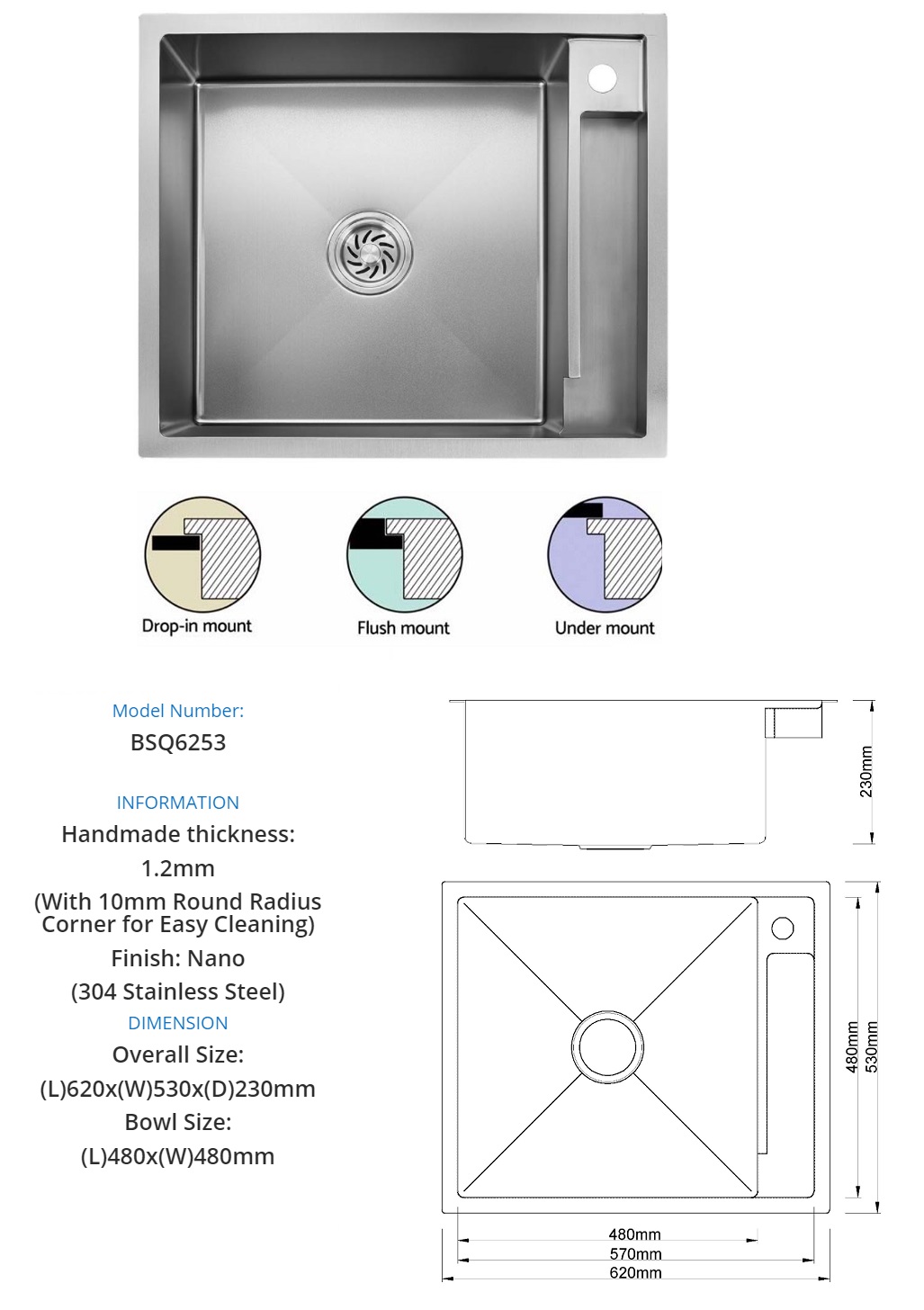BOSHSINI 304 Stainless Steel Nano Kitchen Sink BSQ-6253