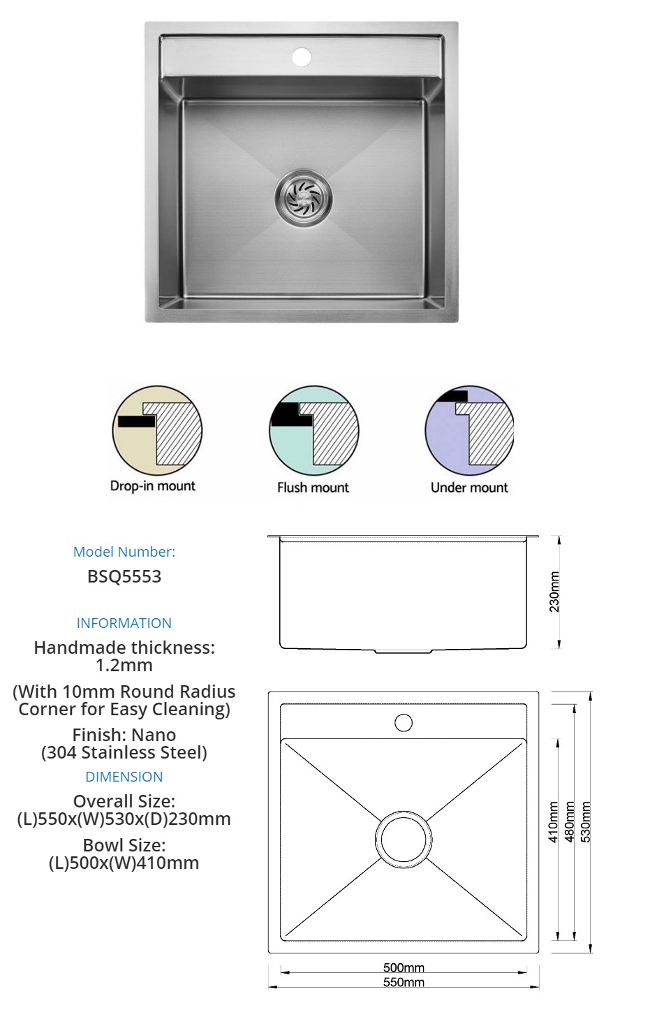BOSHSINI 304 Stainless Steel Nano Kitchen Sink BSQ-5553