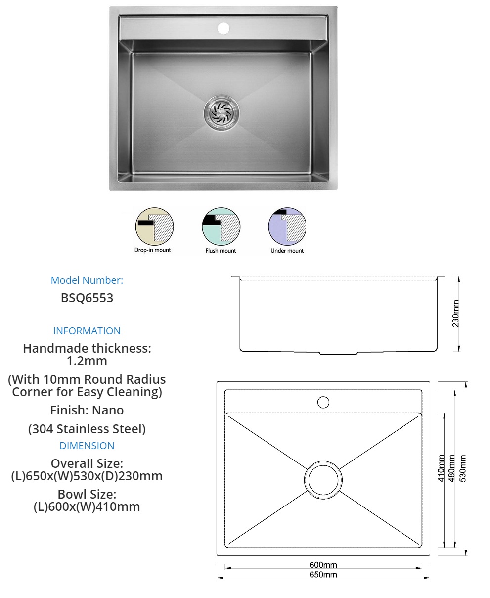 BOSHSINI 304 Stainless Steel Nano Kitchen Sink BSQ-6553