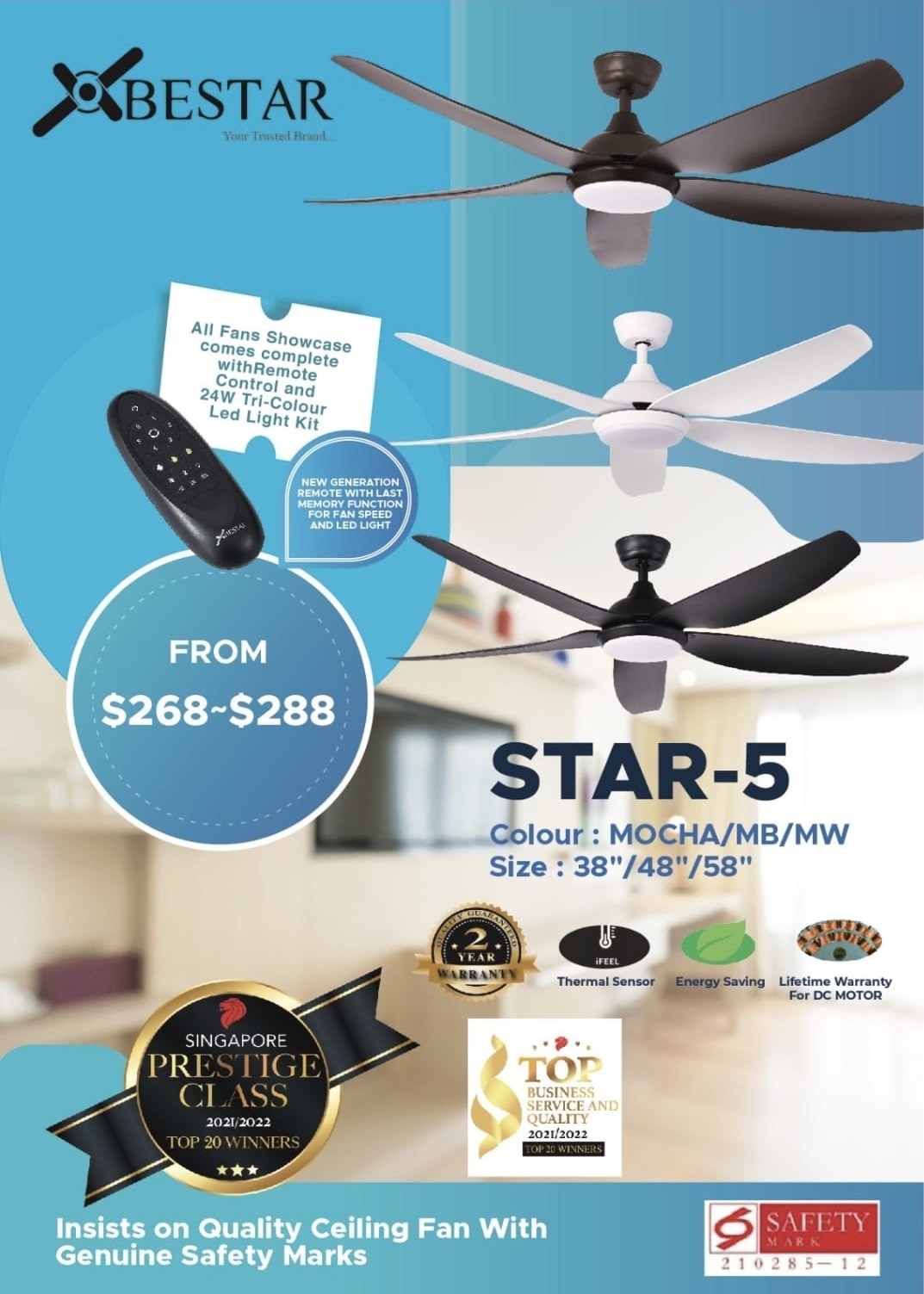 BESTAR Star-5 Ceiling Fan 48 Inch With LED Light
