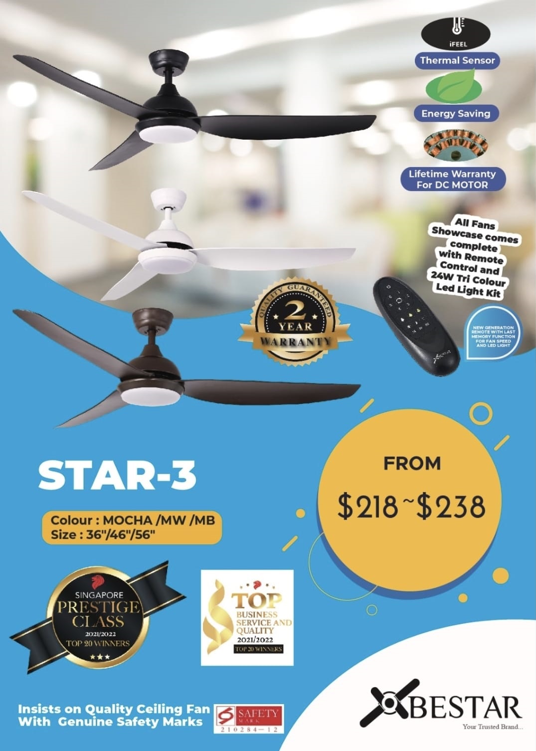BESTAR Star-3 Ceiling Fan 36 Inch With LED Light