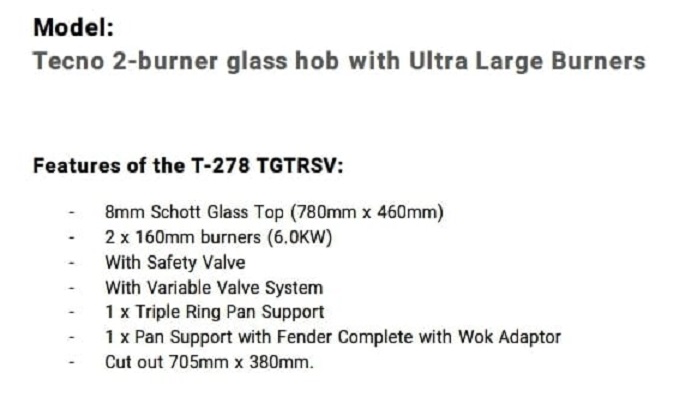 TECNO T-278 TGTRSV Cooker Hob