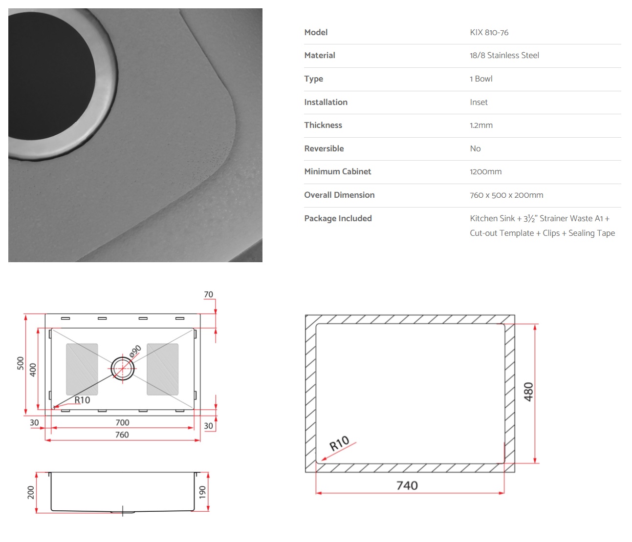 RUBINE Stainless Steel Kitchen Sink KIX-810-76