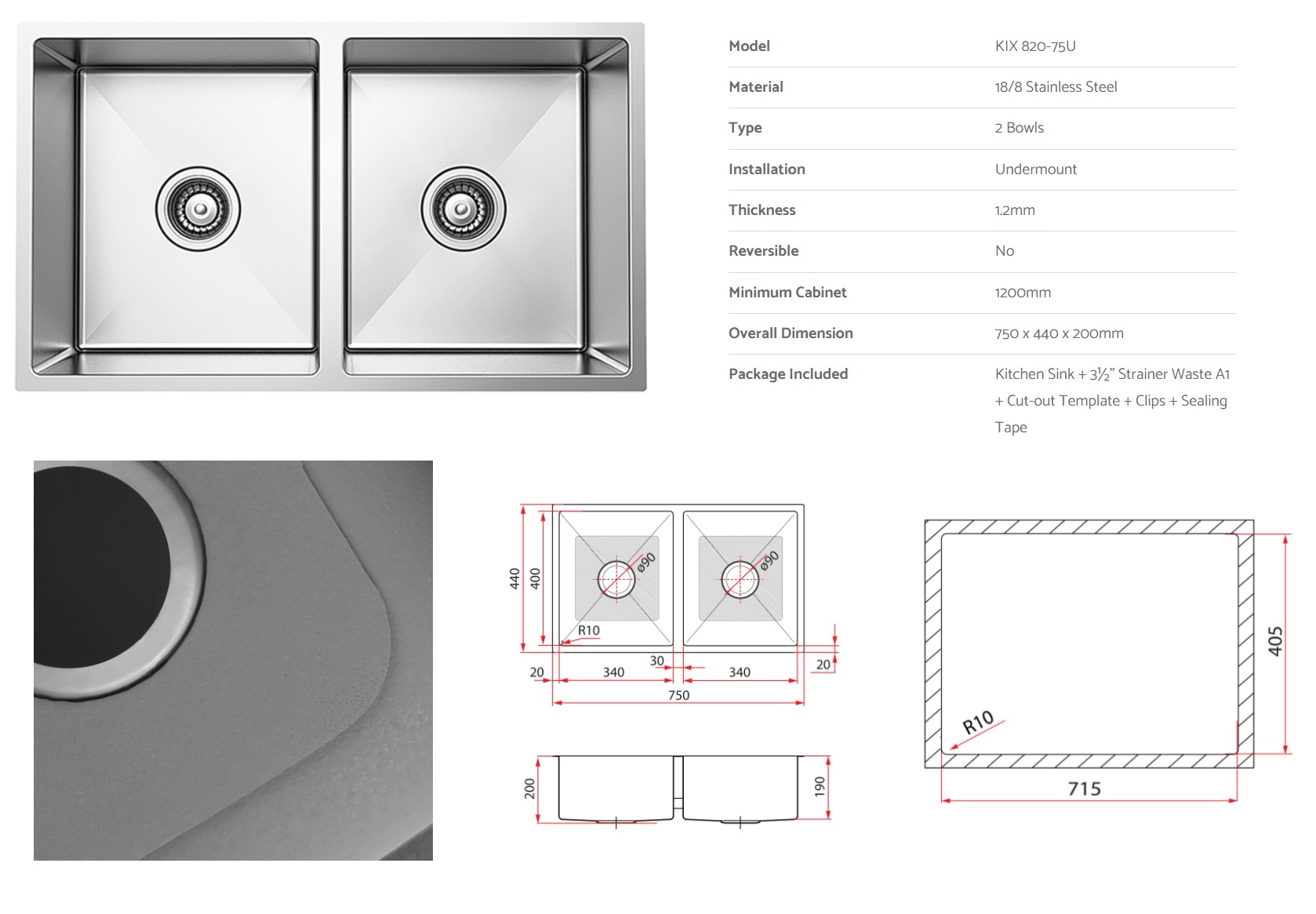 RUBINE Double Bowls Stainless Steel Undermount Kitchen Sink KIX-820-75U