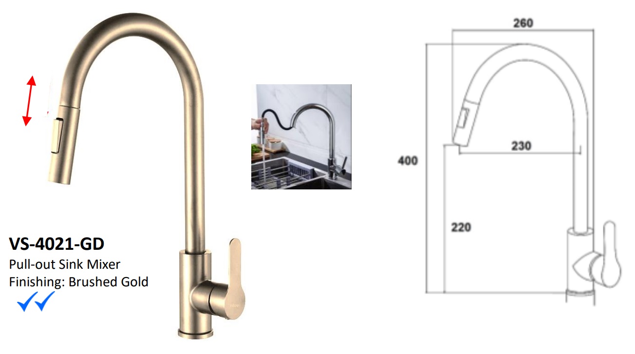 NOBEL Pull-Out Kitchen Sink Mixer Water Tap - VS-4021-GD