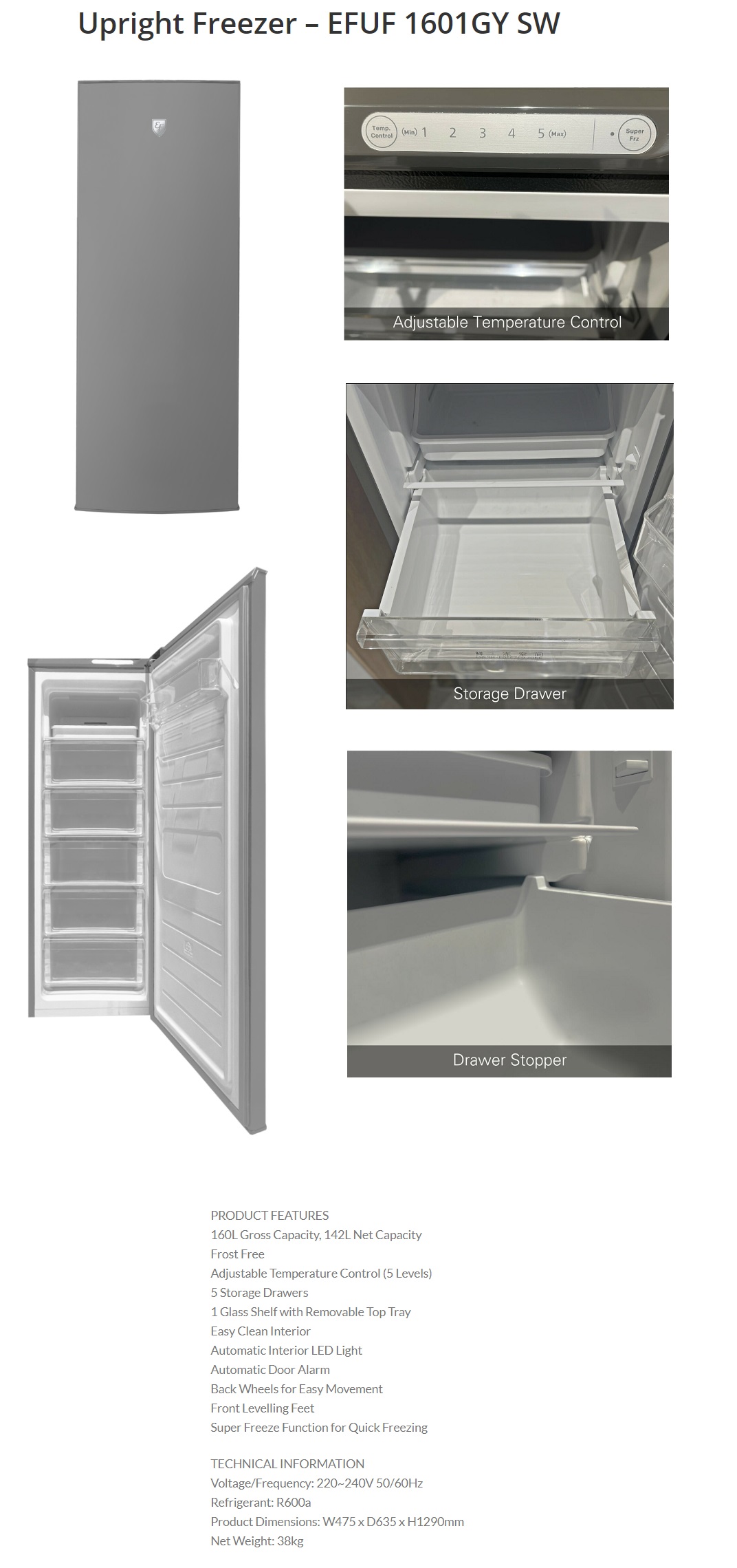 EF Upright Freezer EFUF 1601GY SW