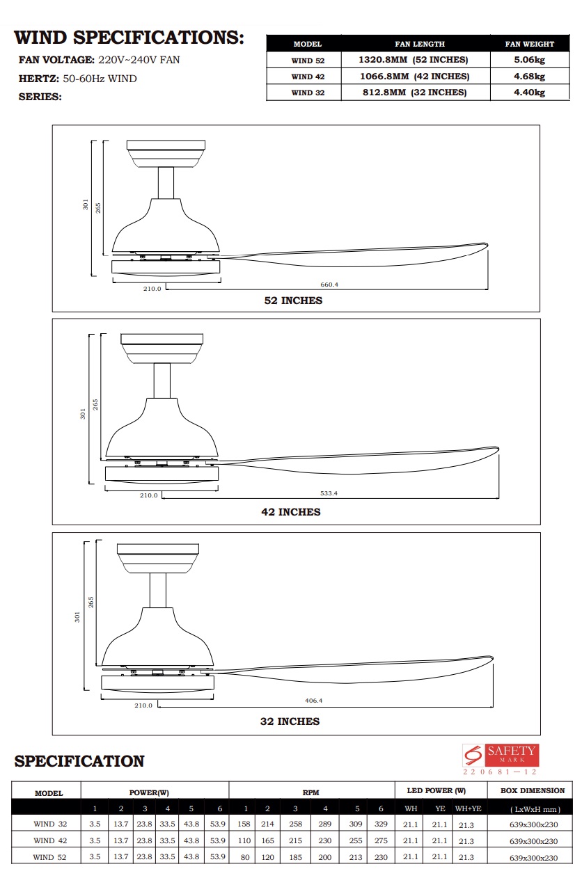 BESTAR WIND 32 Inch - 42 Inch - 52 Inch Ceiling Fan With LED Light