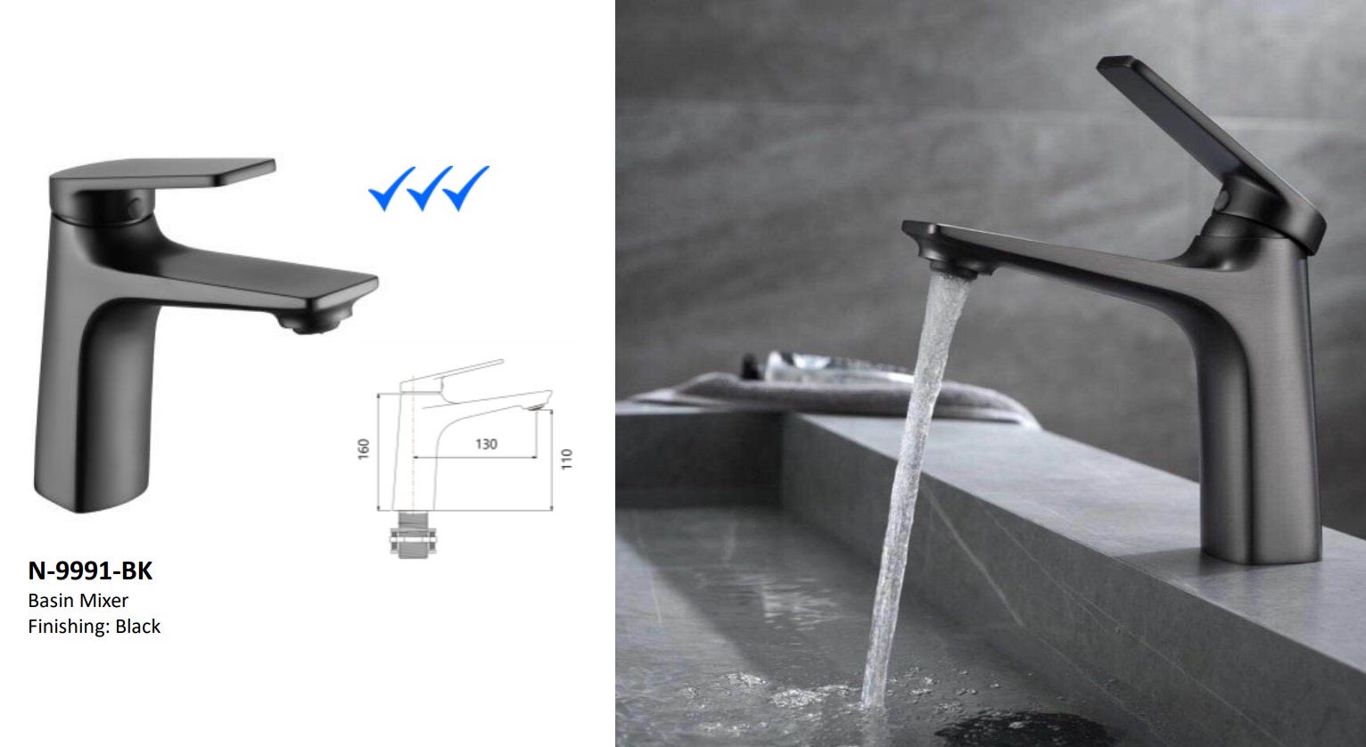 NOBEL N-9991-BK Black Basin Mixer Tap