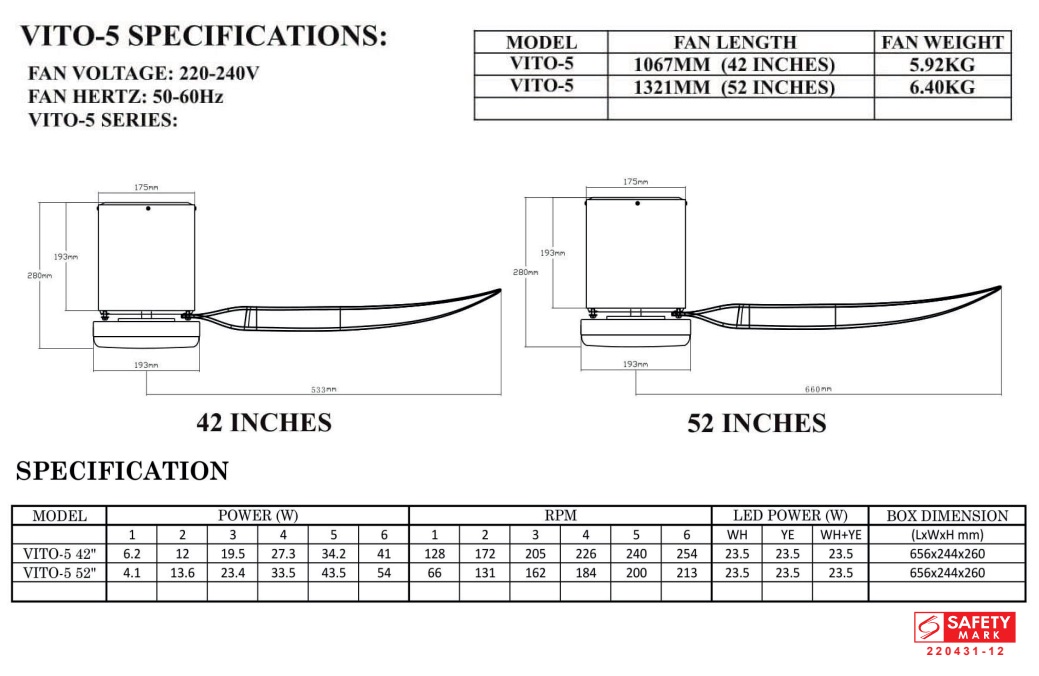 BESTAR VITO-5 42 Inch - 52 Inch Ceiling Fan With Smart Functions