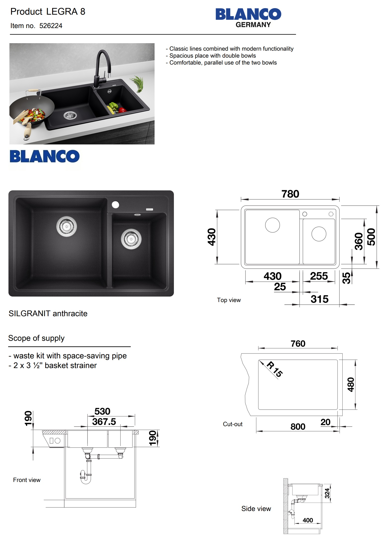 BLANCO LEGRA 8 Top Mount Double Bowls 780MM Granite Sink