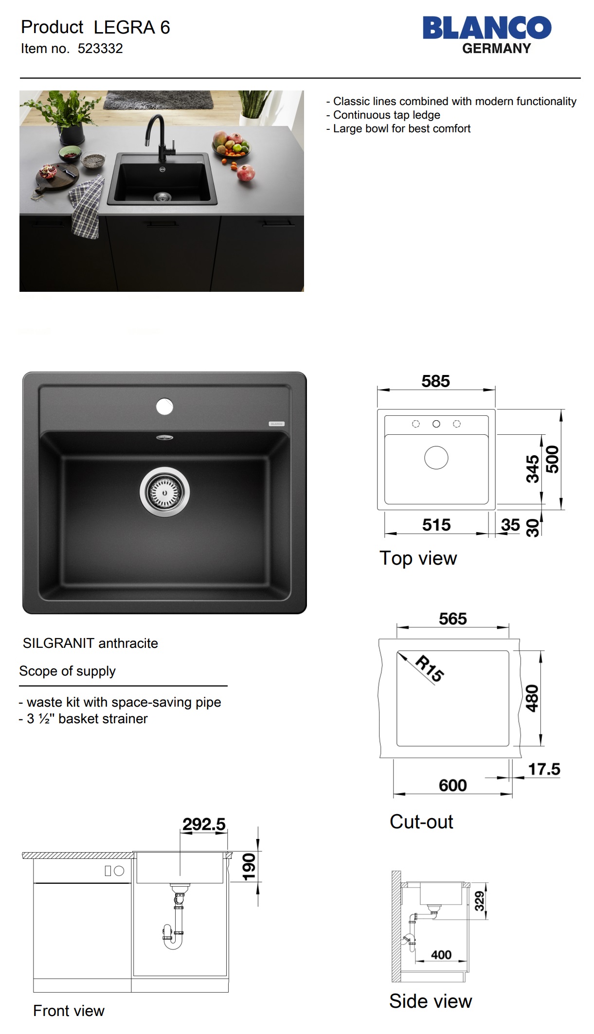BLANCO LEGRA 6 Top Mount Single Bowl 585MM Granite Sink