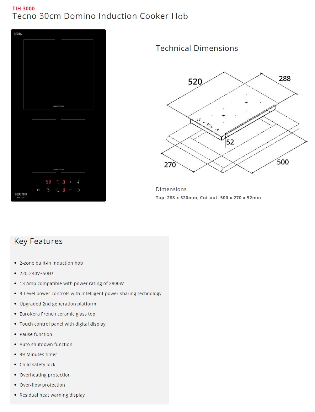 TECNO 30Cm Domino Induction Hob - TIH 3000
