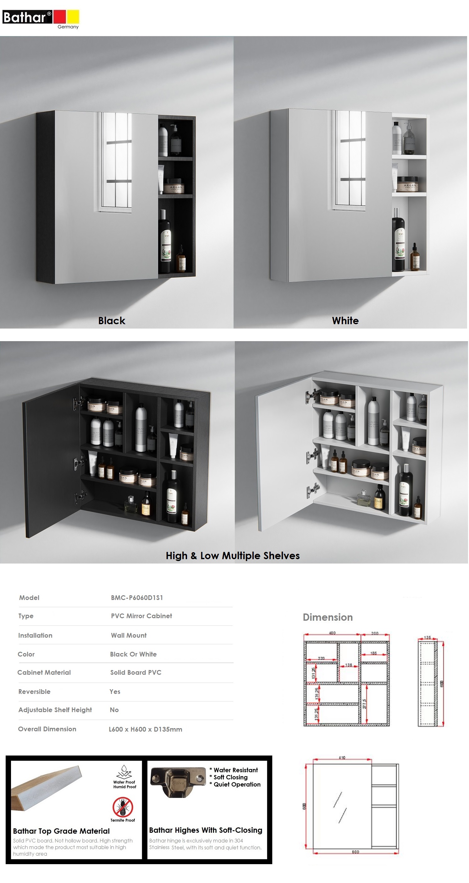 BATHAR PVC Mirror Cabinet BMC-P6060D1S1