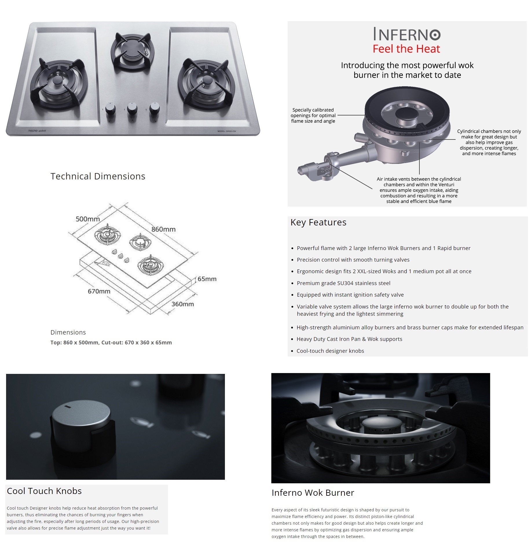 TECNO 3-Burner Stainless Steel Cooker Hob SR 883SV