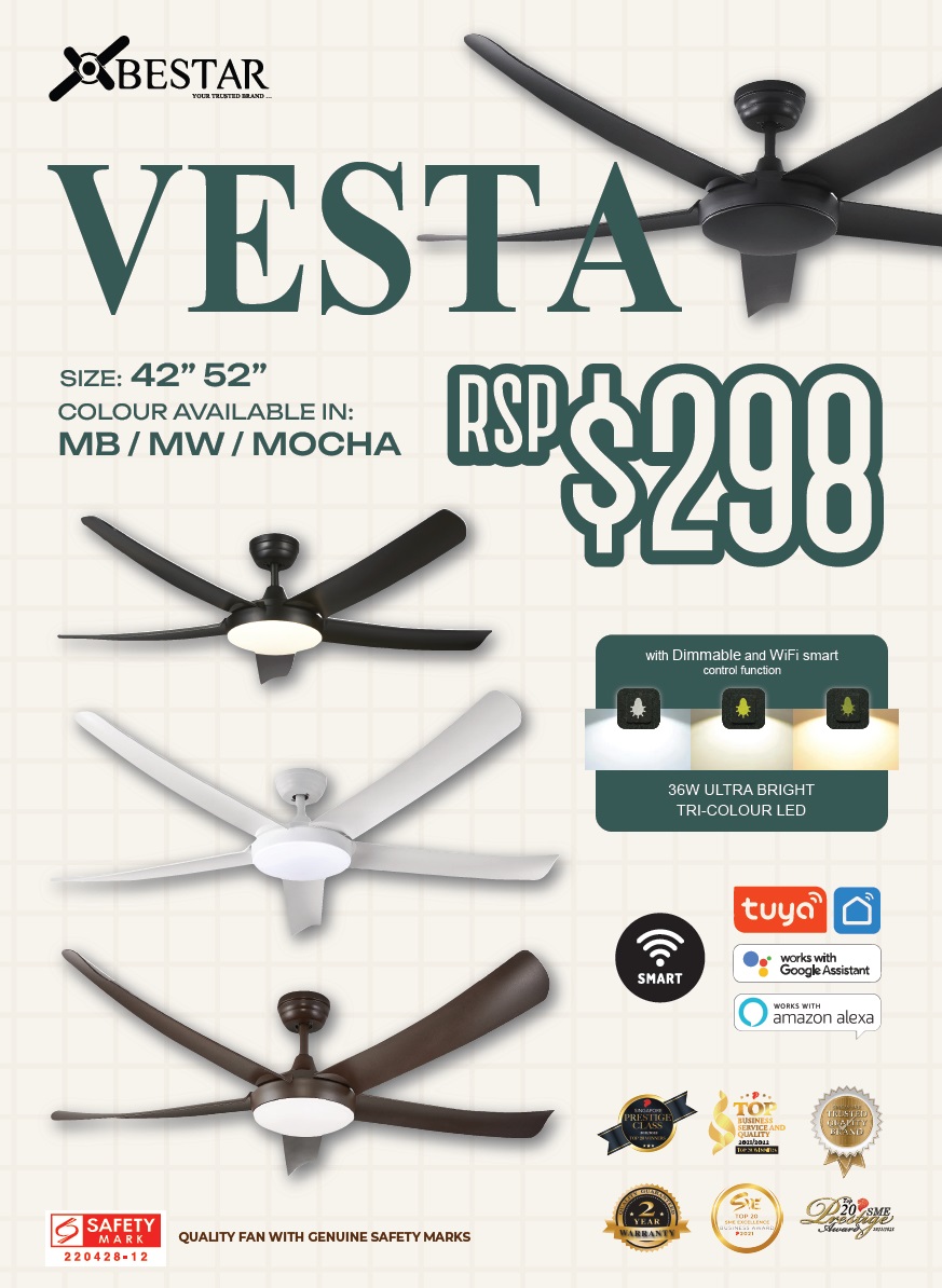 BESTAR VESTA 42 Inch - 52 Inch Ceiling Fan With Smart Functions - 36W Ultra Bright LED Light