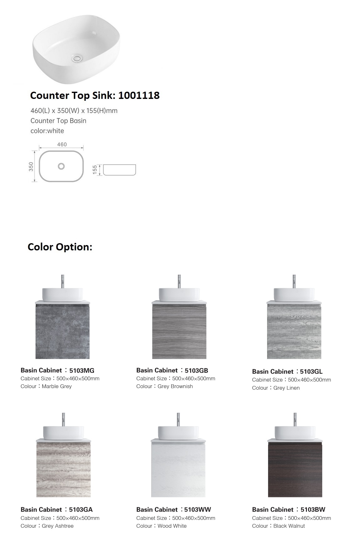 500mm PVC Vanity Cabinet With Counter Top Sink D5103C