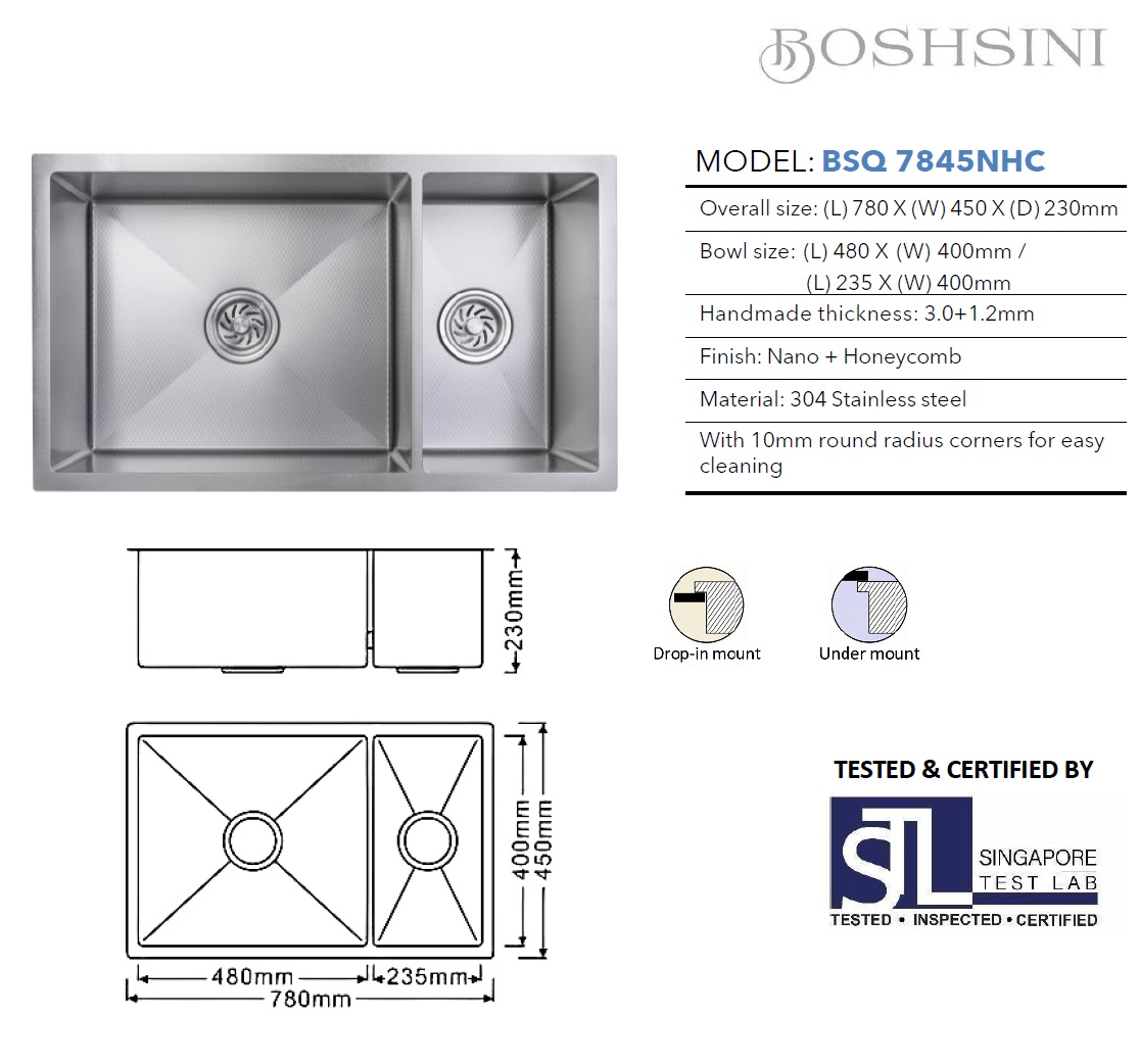 BOSHSINI 304 Stainless Steel Nano + Honey Comb Kitchen Sink BSQ 7845NHC