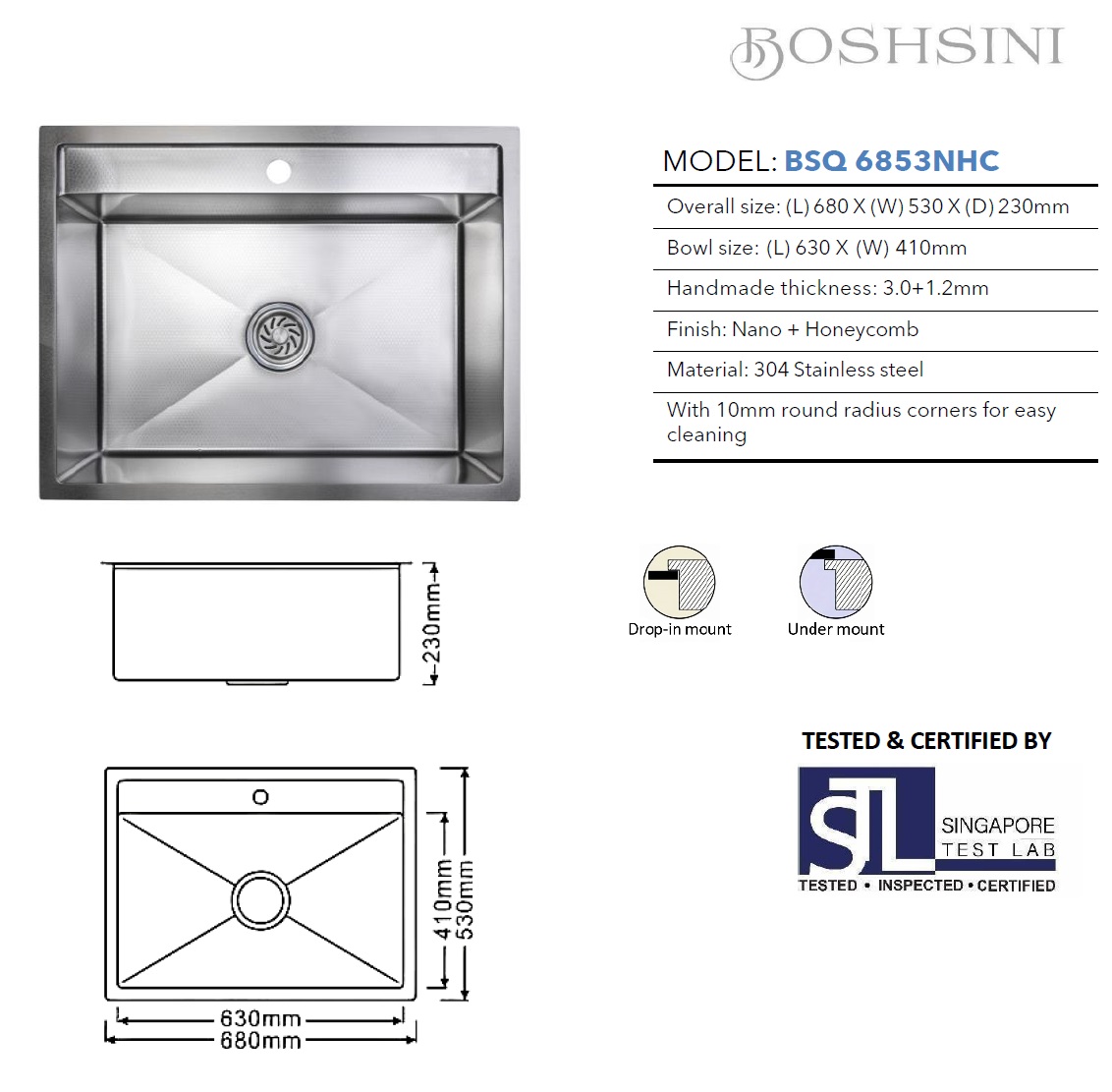 BOSHSINI 304 Stainless Steel Nano + Honey Comb Kitchen Sink BSQ 6853NHC