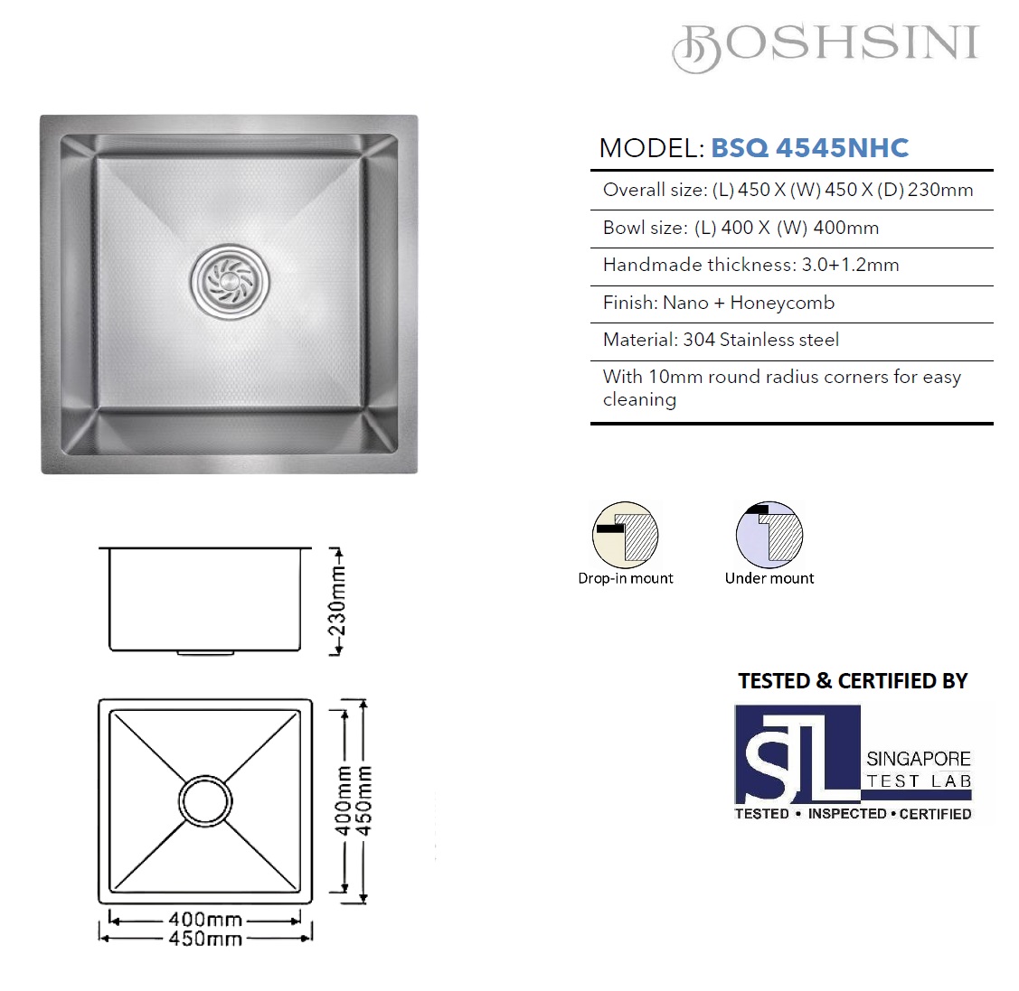 BOSHSINI 304 Stainless Steel Nano + Honey Comb Kitchen Sink BSQ 4545NHC