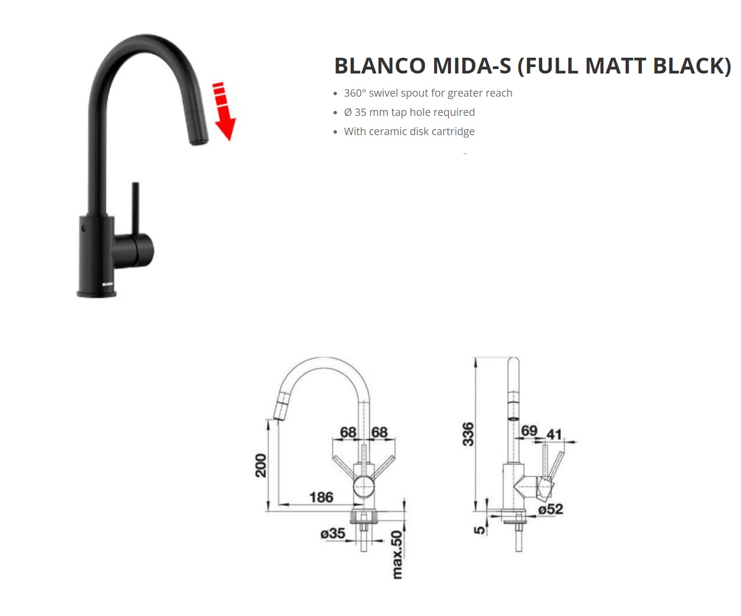 BLANCO MIDA-S Pull-Out Kitchen Sink Mixer - Matt Black