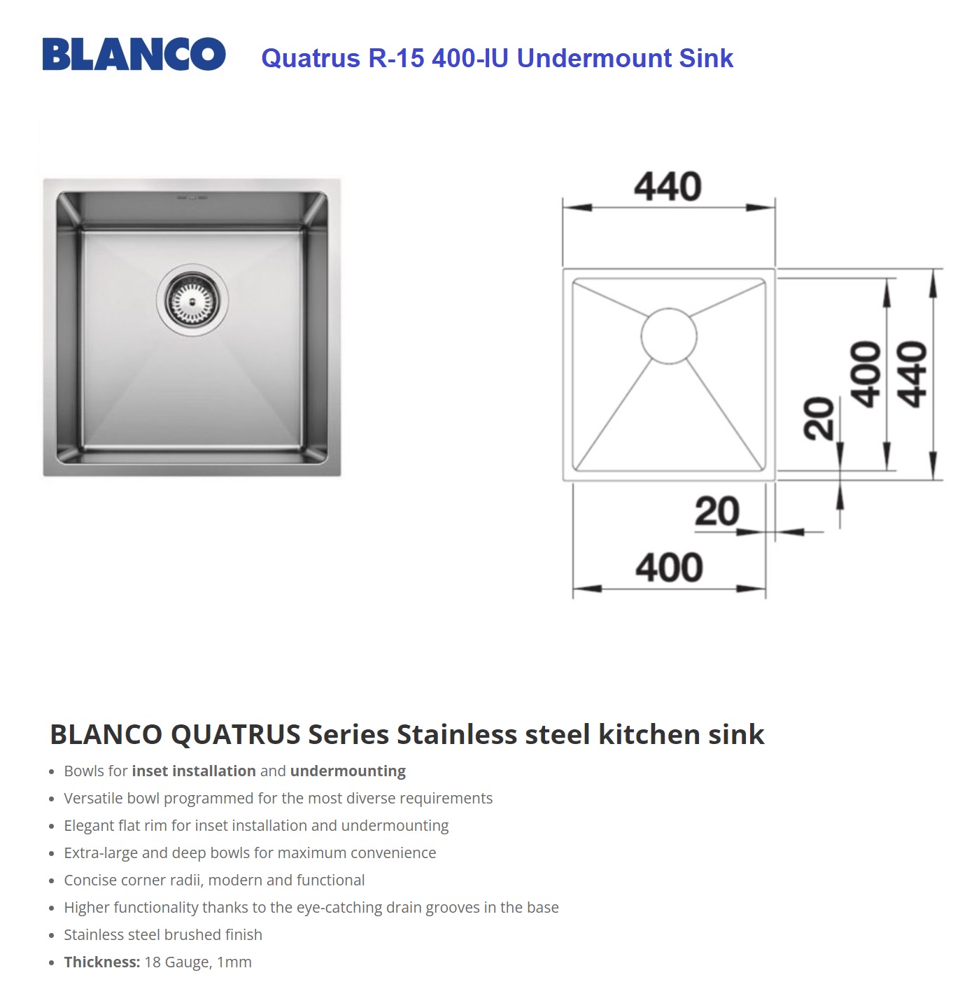 BLANCO Quatrus 400-IU Under Mount Kitchen Sink
