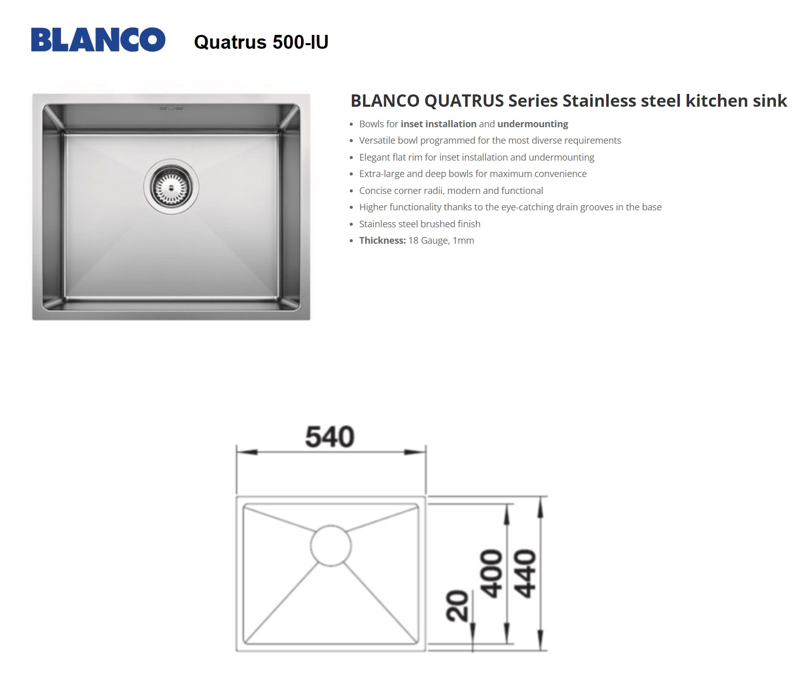 BLANCO Quatrus 500-IU Under Mount Kitchen Sink