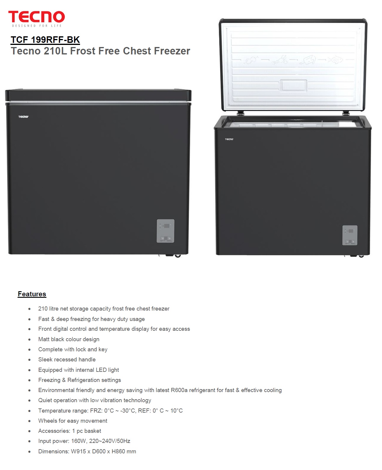 TECNO Frost Free TCF-199RFF-BK Matt Back Color