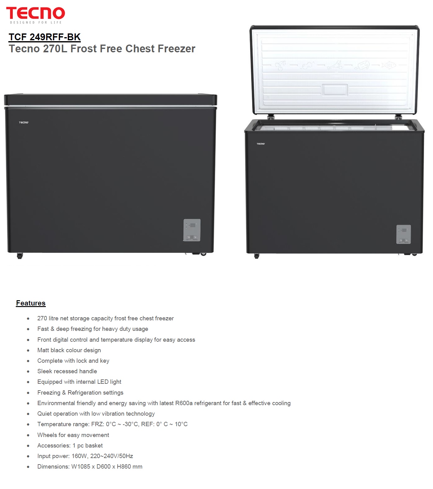 TECNO Frost Free TCF-249RFF-BK Matt Back Color