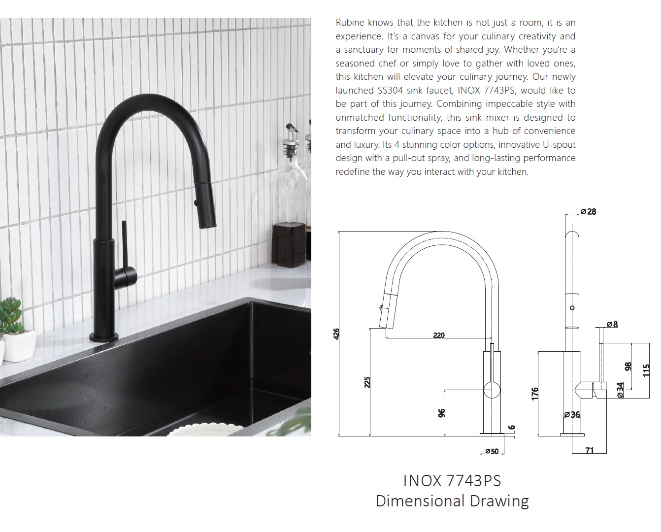 RUBINE Kitchen Sink Tap - INOX 7743PS-BK