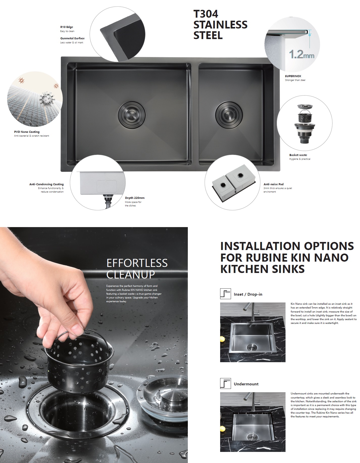 RUBINE Stainless Steel Nano Kitchen Sink - KNX 810-58U-GM