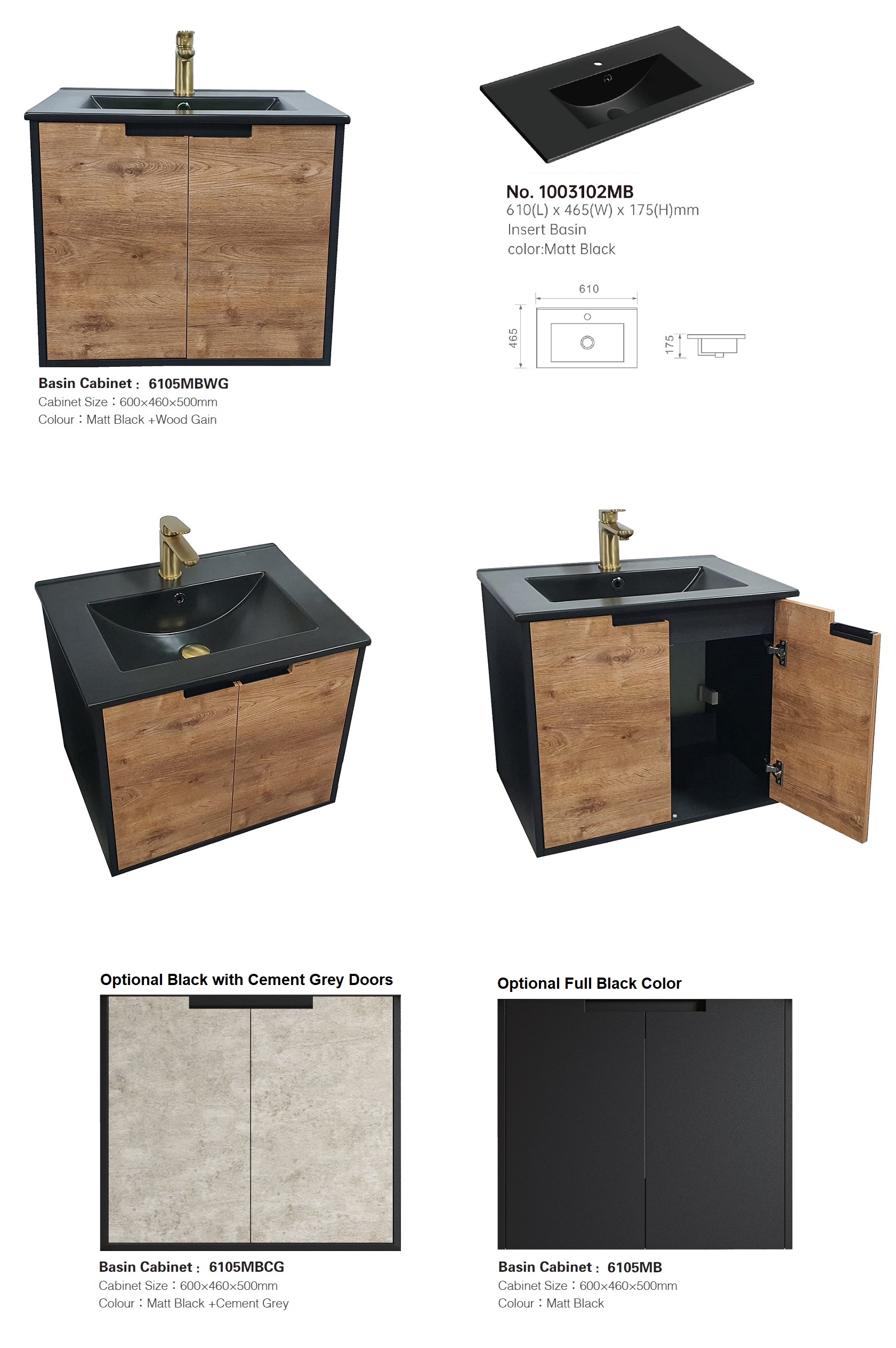 600mm PVC Vanity Cabinet Set D6105 Black Sink