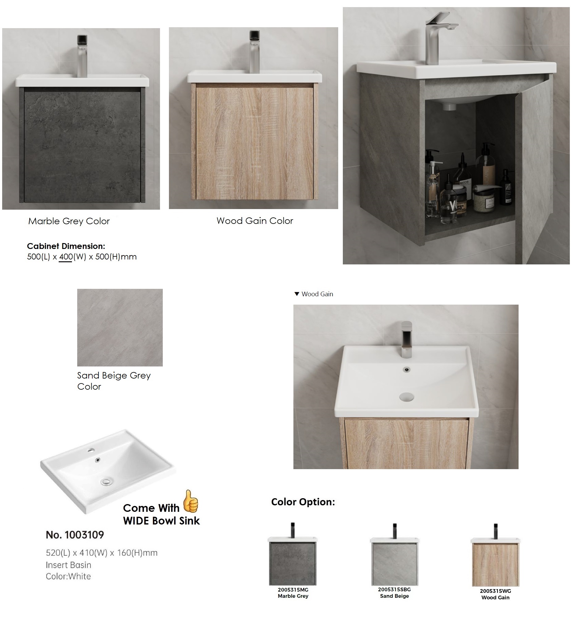 500mm PVC Vanity Cabinet Set D5315