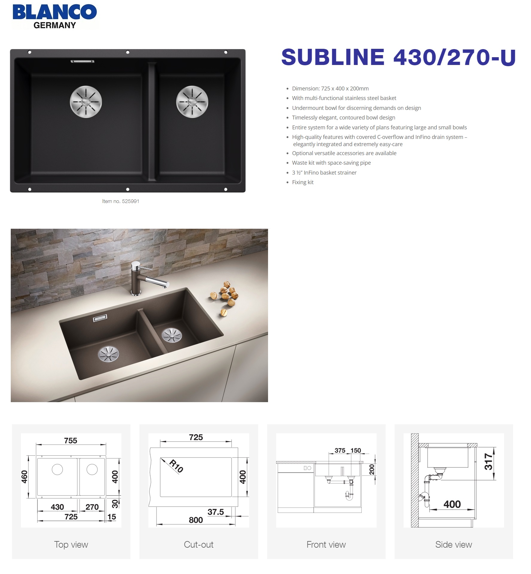 BLANCO SUBLINE 430/270-U Undermount Kitchen Sink