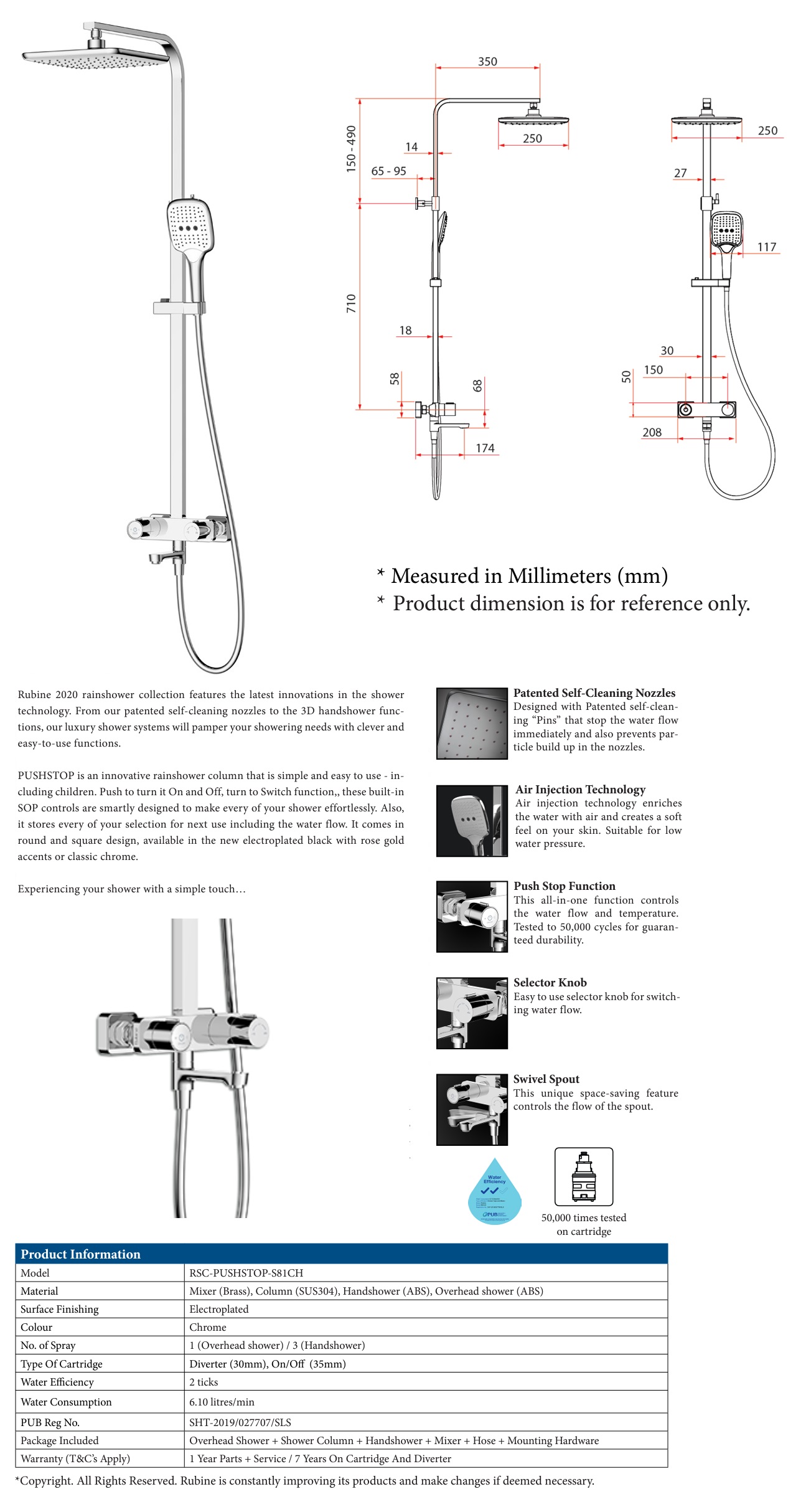 RUBINE Rain Shower Set RSC-PUSHSTOP-S81-CH