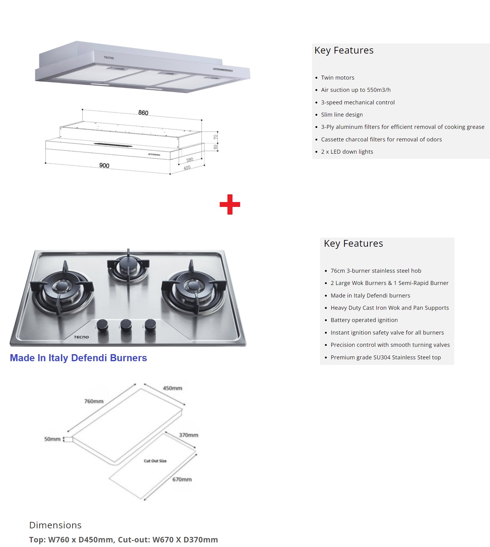TECNO Cooker Hob + Cooker Hood Bundle Offer - Stainless Steel Series
